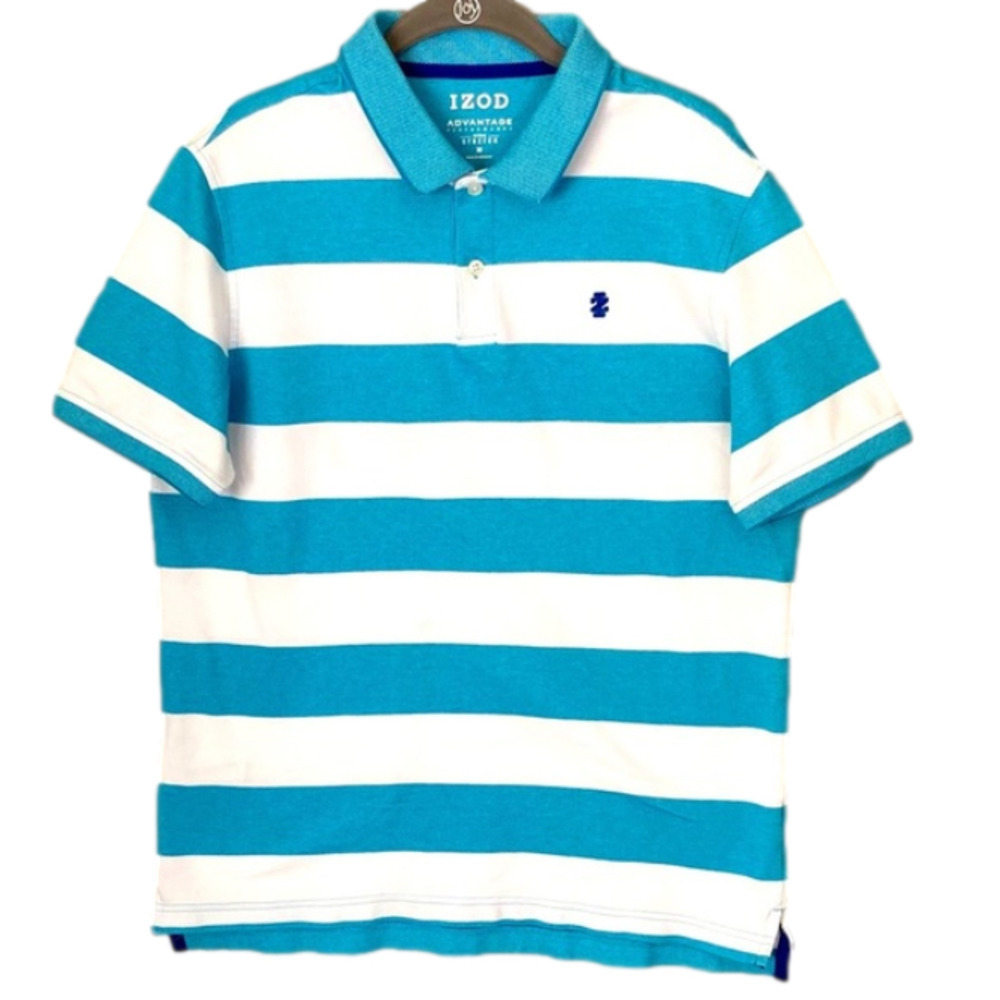 IZOD Polo Shirt Advantage Performance Natural Stretch Teal White Stripe Mens M